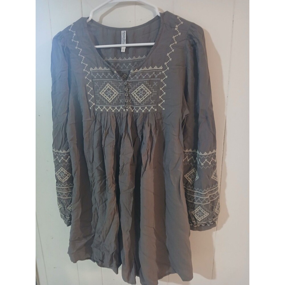 Monoreno Women's Small Brown Tunic Top Embroidered Peasant Southwest Bohemian